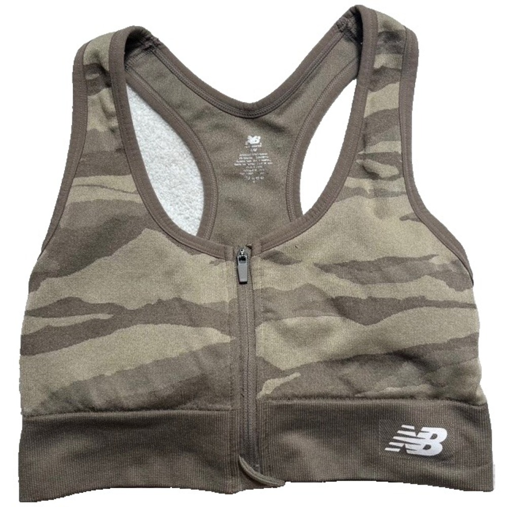 New Balance Sz M Front Zip Sports‎ Bra Green/Grey Camo Pattern Gym Yoga-1276